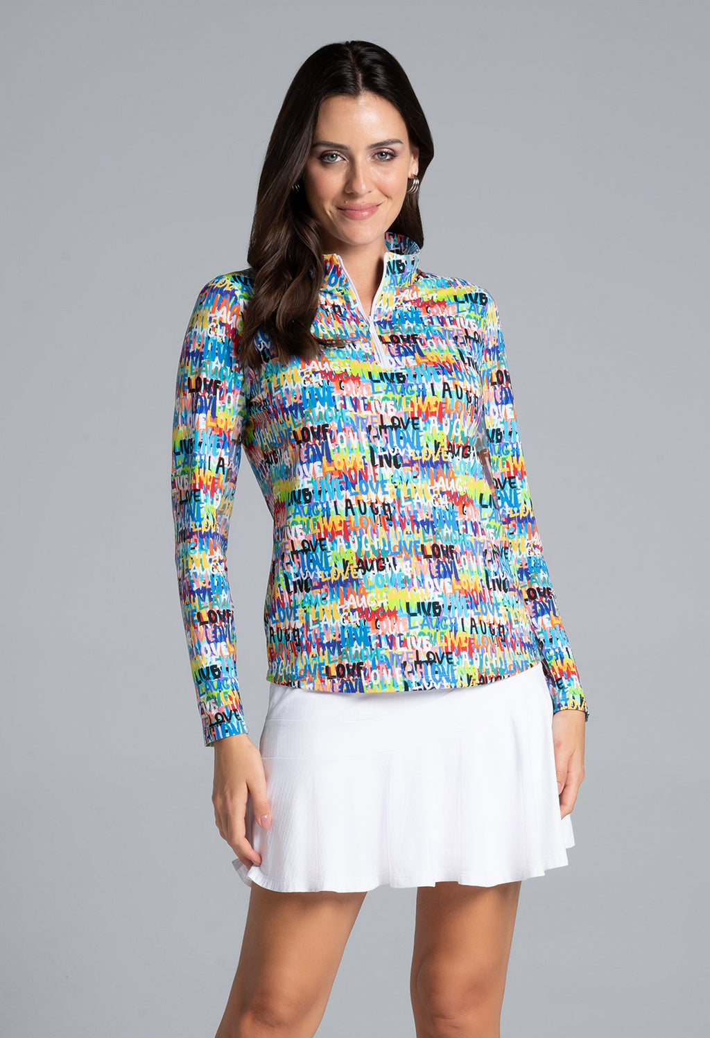 Live, Love, Laugh Print Long Sleeve Mock Neck Top – 10935