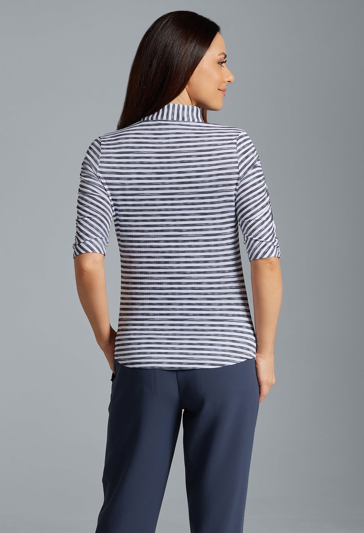 Landon Stripe II Print Ruched Elbow Sleeve Top - 41164