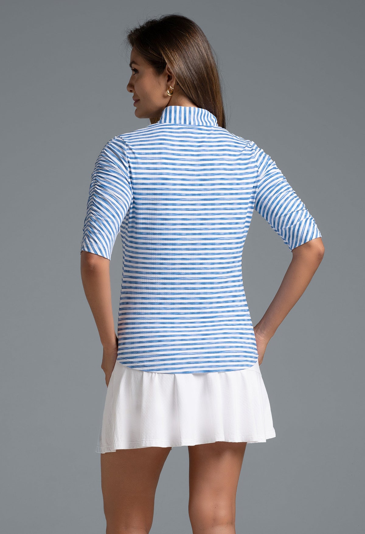Landon Stripe II Print Ruched Elbow Sleeve Top - 41164