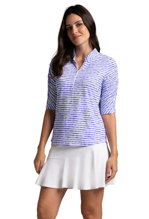 Landon Stripe II Print Ruched Elbow Sleeve Top - 41164
