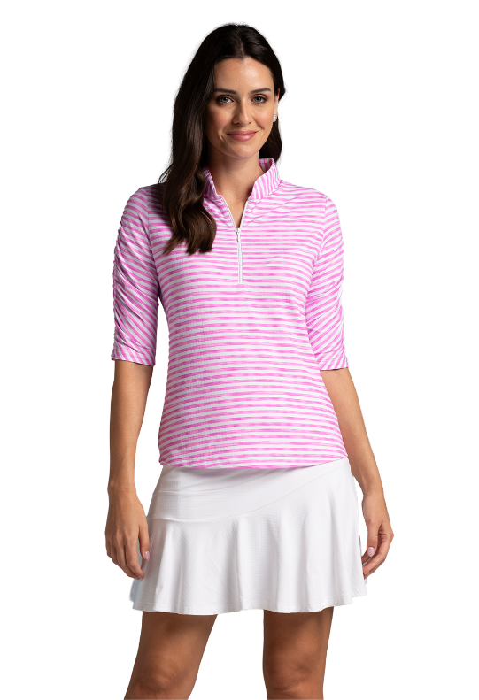 Landon Stripe II Print Ruched Elbow Sleeve Top - 41164